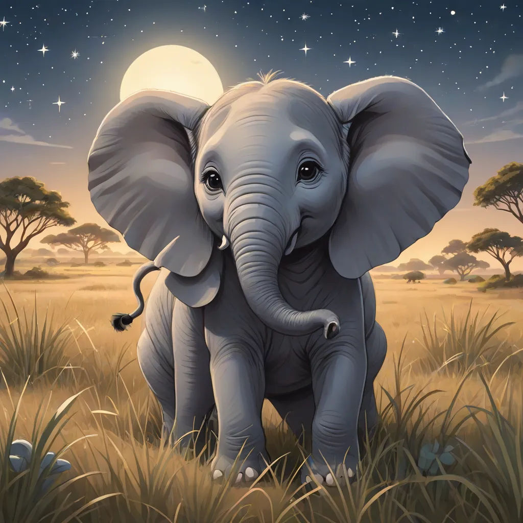 a painting of an elephant in a field with a full moon in the background and stars in the sky, Chris LaBrooy, pop surrealism, an airbrush painting, highly detailed digital painting