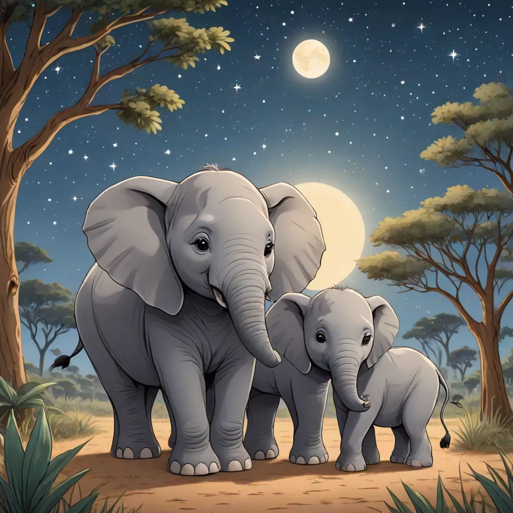 a couple of elephants standing next to each other on a field under a full moon sky with trees and a full moon, Amédée Ozenfant, magical realism, a storybook illustration, storybook illustration
