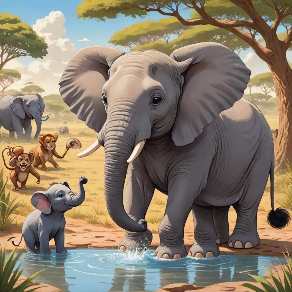 a painting of a group of elephants and a baby elephant in a river with trees and a sky background, Chris LaBrooy, fantastic realism, a storybook illustration, highly detailed digital painting