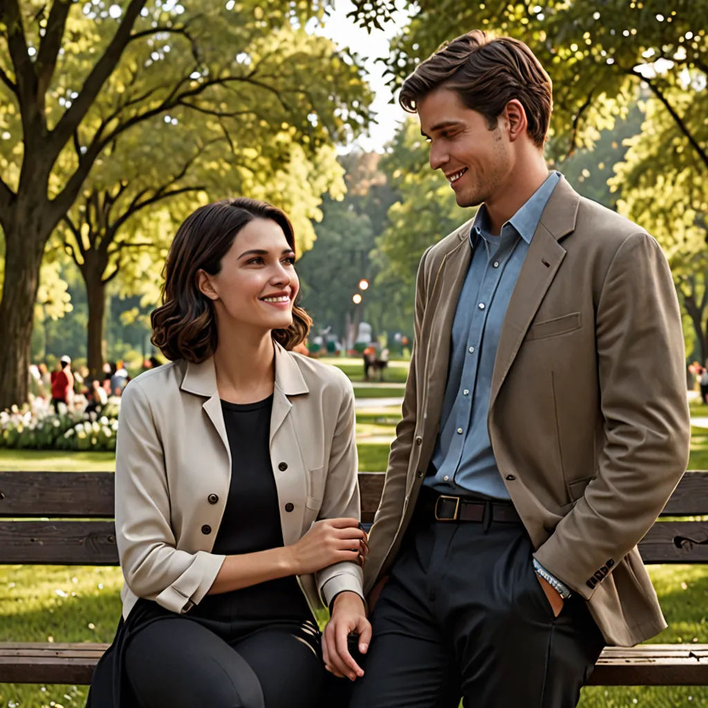 a man and woman sitting on a bench in a park together smiling at each other's eyes and smiling, magic realism, a poster, David Park, promotional image