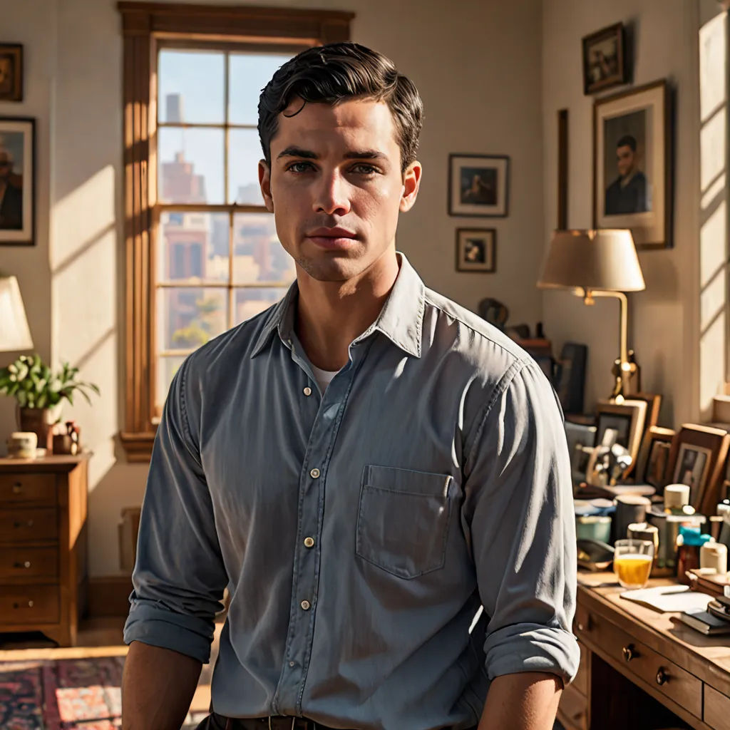 a man standing in a room with a desk and a chair in front of him and a window behind him, serial art, a character portrait, Everett Warner, promotional image