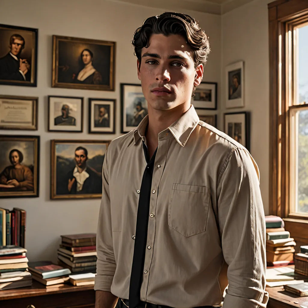 a man standing in front of a desk with a lot of books on it and a lot of pictures on the wall, arts and crafts movement, a character portrait, Everett Warner, promotional image