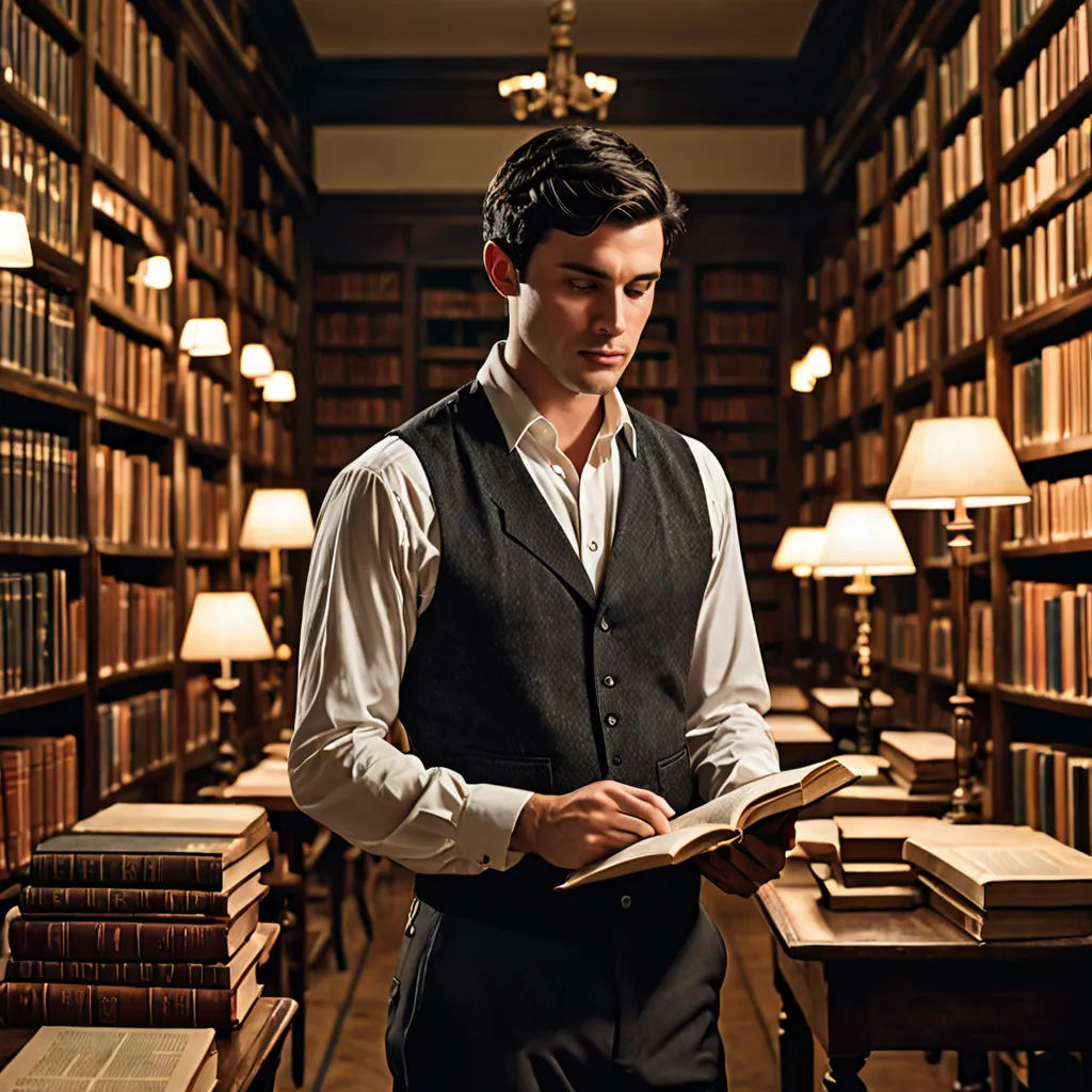 a man standing in a library holding a book in his hands and looking at the camera with a serious look on his face, pre-raphaelitism, a character portrait, Eugene Montgomery, promotional image