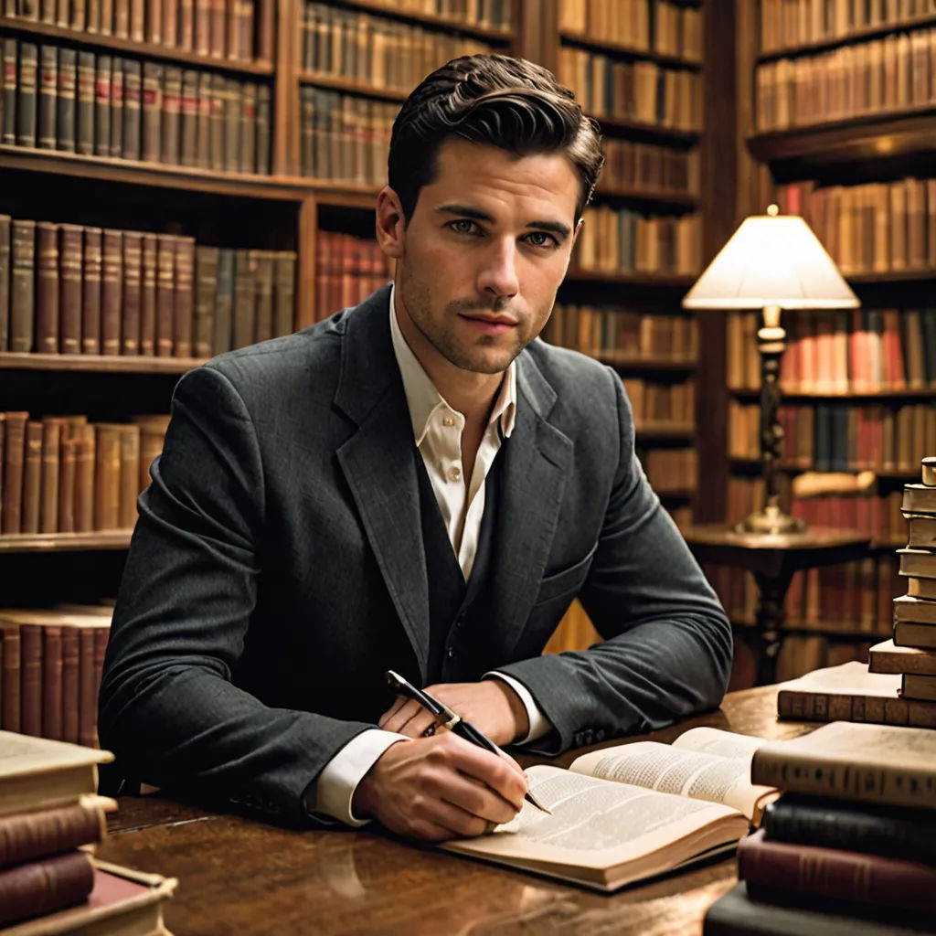 a man sitting at a table in front of a book shelf filled with books and a pen in his hand, arts and crafts movement, a character portrait, Alexander Runciman, promotional image
