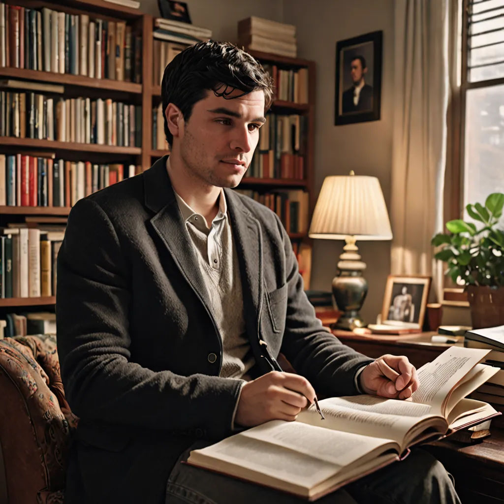 a man sitting in a chair with a book and pen in his hand and a book in his lap, academic art, a character portrait, David Budd, promotional image