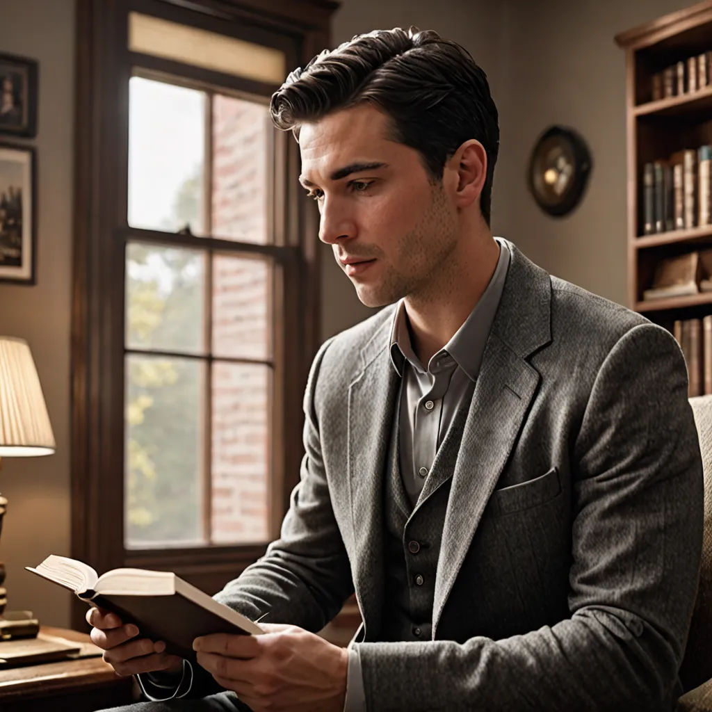 a man sitting in a chair reading a book in a library with a lamp on the side of the room, arts and crafts movement, a character portrait, Christian Hilfgott Brand, promotional image