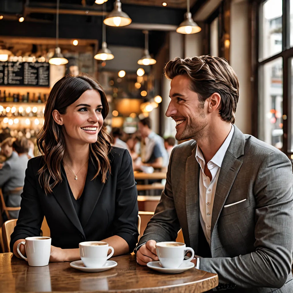 a man and a woman sitting at a table with cups of coffee in front of them smiling at each other, private press, a stock photo, Christian Hilfgott Brand, promotional image