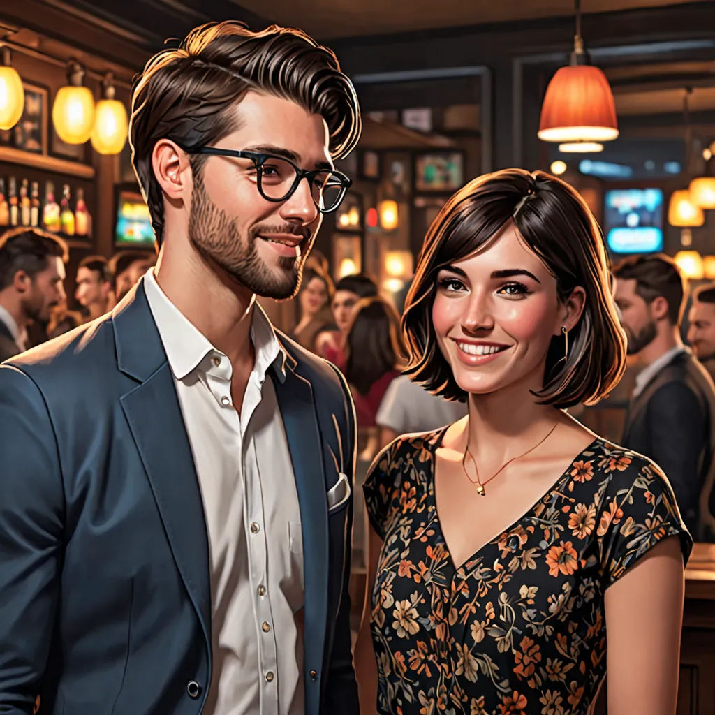a man and a woman standing in front of a bar with a crowd of people in the background and a bar sign, photorealism, a photorealistic painting, Artgerm, highly detailed digital painting