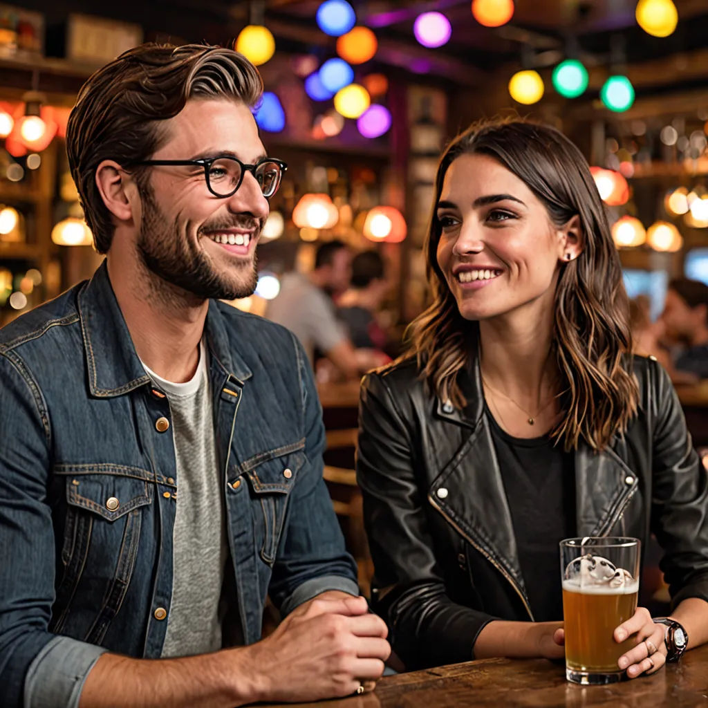 a man and a woman sitting at a bar with a beer in front of them smiling at the camera, barbizon school, a stock photo, Christian Hilfgott Brand, promotional image