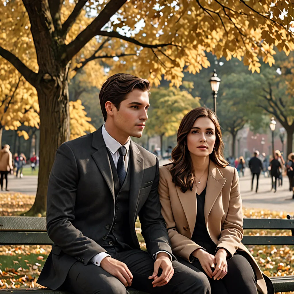 a man and a woman sitting on a bench in a park with trees and leaves in the background,, heidelberg school, a poster, Christian Hilfgott Brand, promotional image