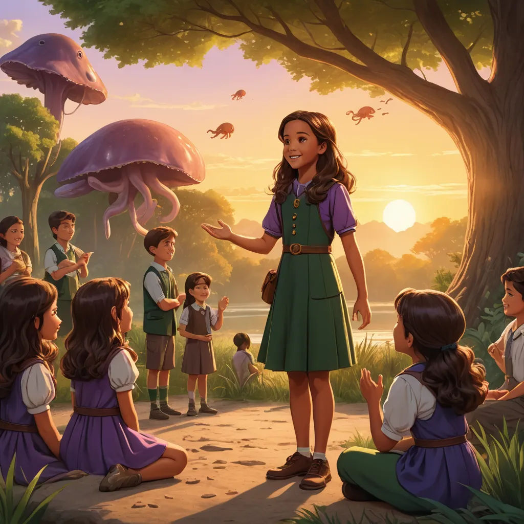 a painting of a girl in a green dress standing in front of a group of children in a forest, american scene painting, a storybook illustration, Chris LaBrooy, official art