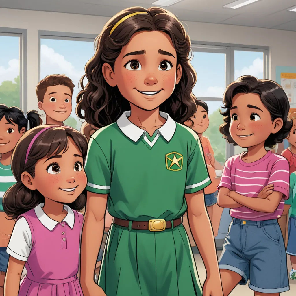 a cartoon of a girl in a green uniform standing in front of a group of children in a classroom, vancouver school, concept art, Fernando Amorsolo, official art