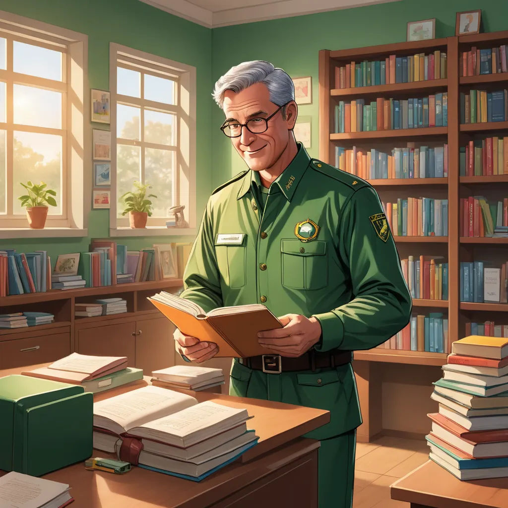 a man in a green uniform is reading a book in a library with a lot of books on the shelves, socialist realism, a character portrait, Eugene Montgomery, official art