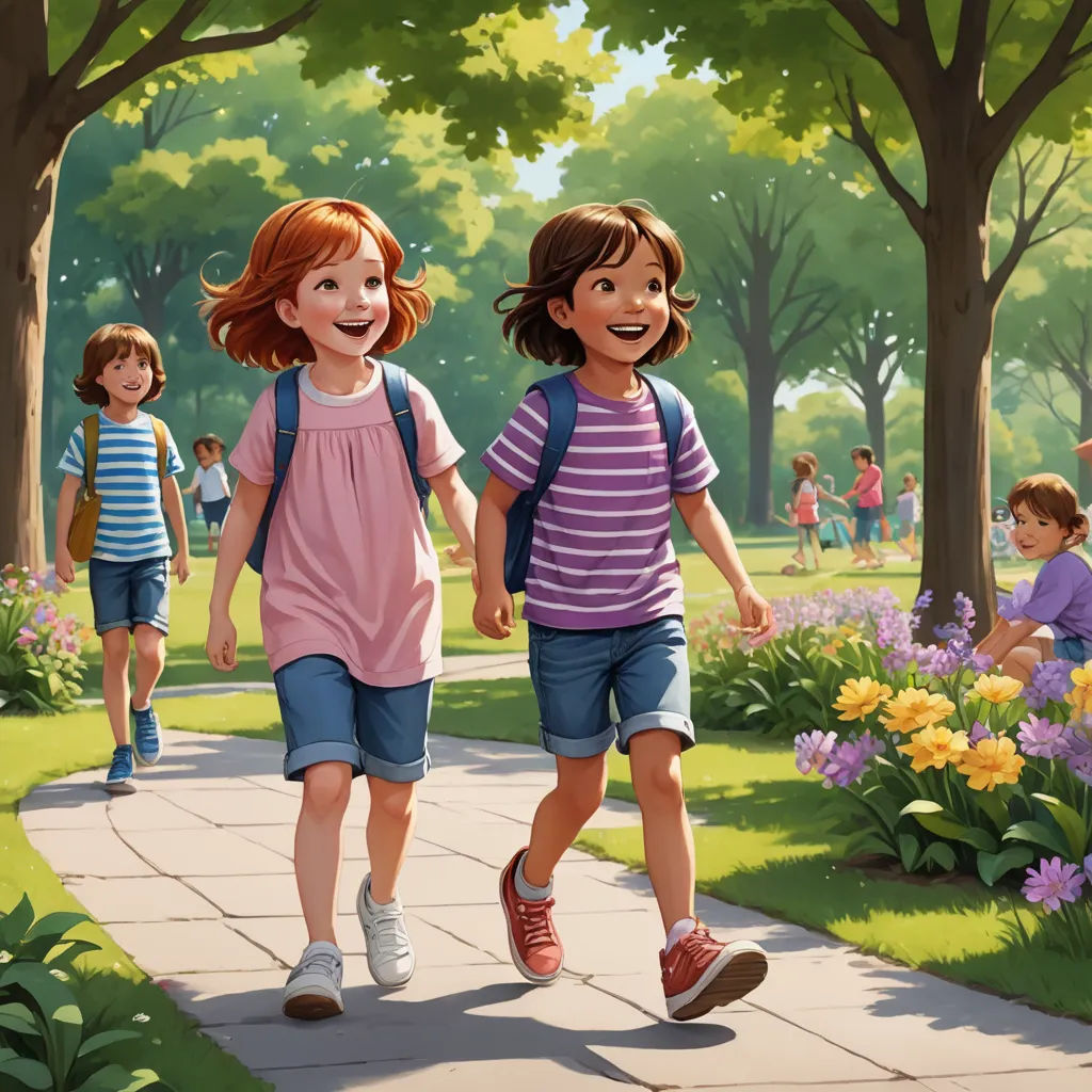 a painting of two children walking down a sidewalk in a park with flowers and trees in the background and a few children walking on the sidewalk, american scene painting, a storybook illustration, F Scott Hess, official art