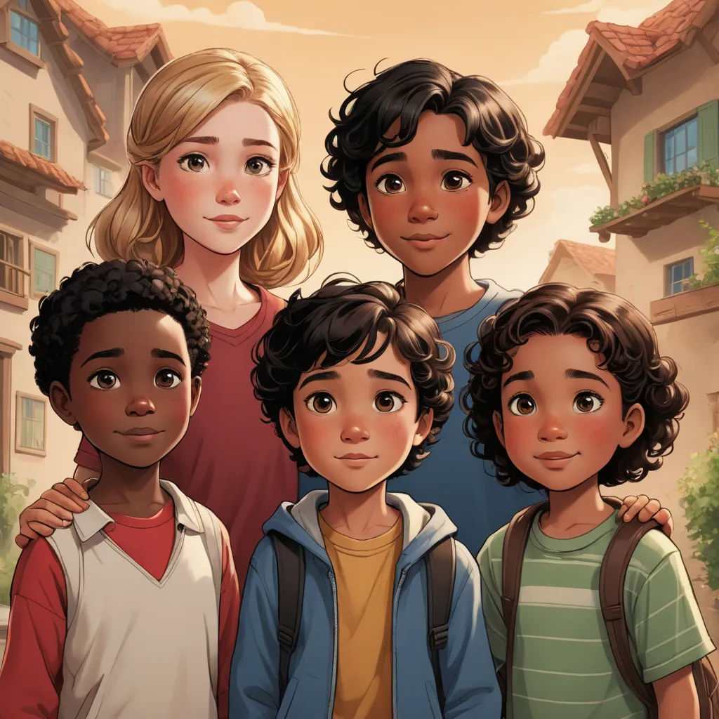 a family of four standing in front of a house with a sky background and a house in the background, american scene painting, a storybook illustration, disney, official art
