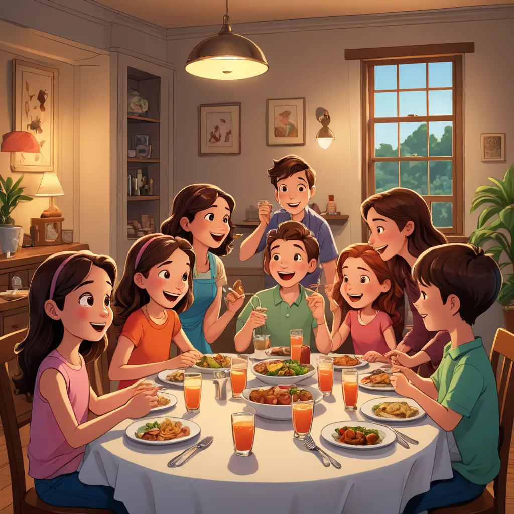 a family sitting at a table eating a meal together in a kitchen with a window to the outside of the room, american scene painting, a storybook illustration, Diego Gisbert Llorens, official art