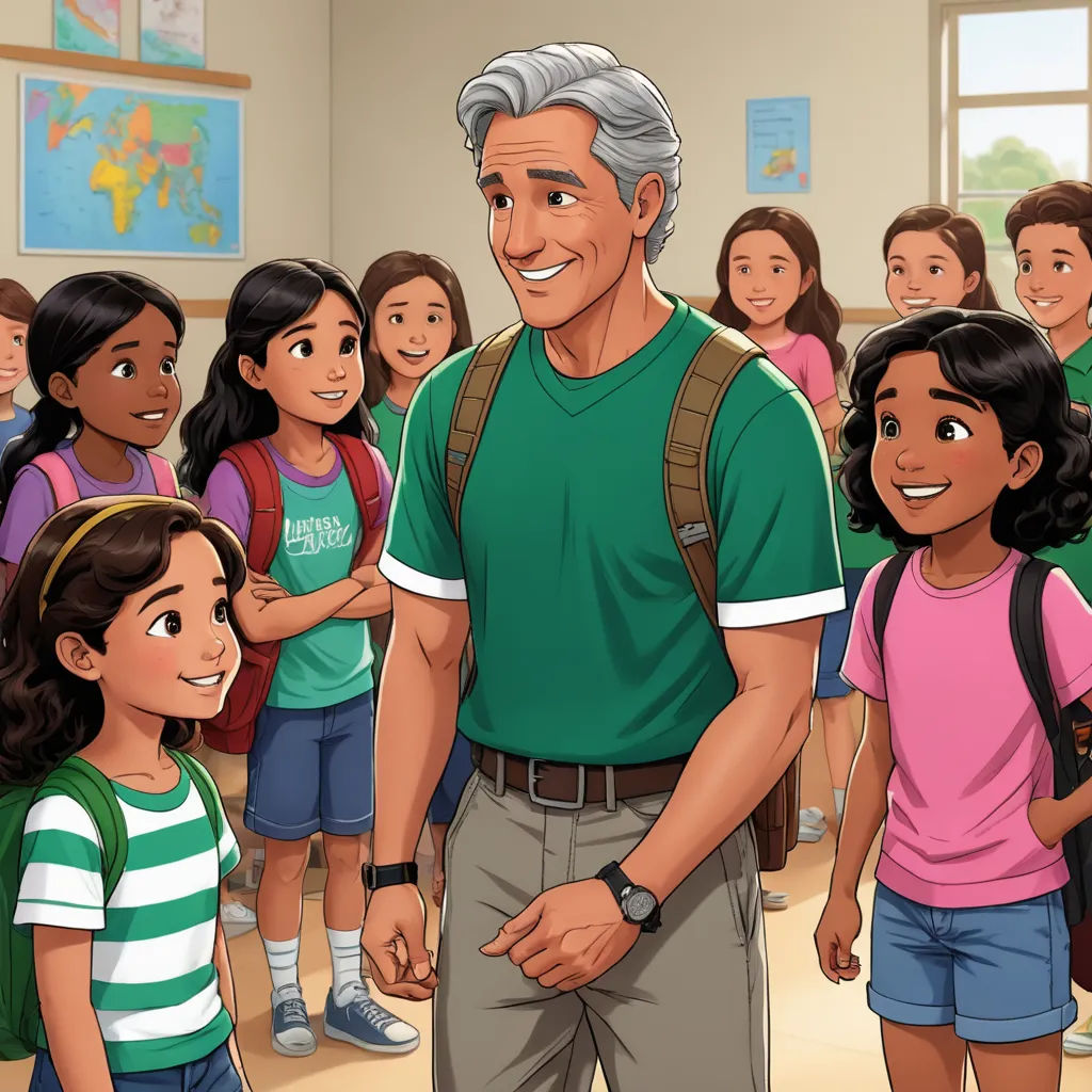 a man standing in front of a group of children in a classroom with a backpack on his shoulder and a backpack on his shoulder, american scene painting, a storybook illustration, Cliff Childs, promotional image
