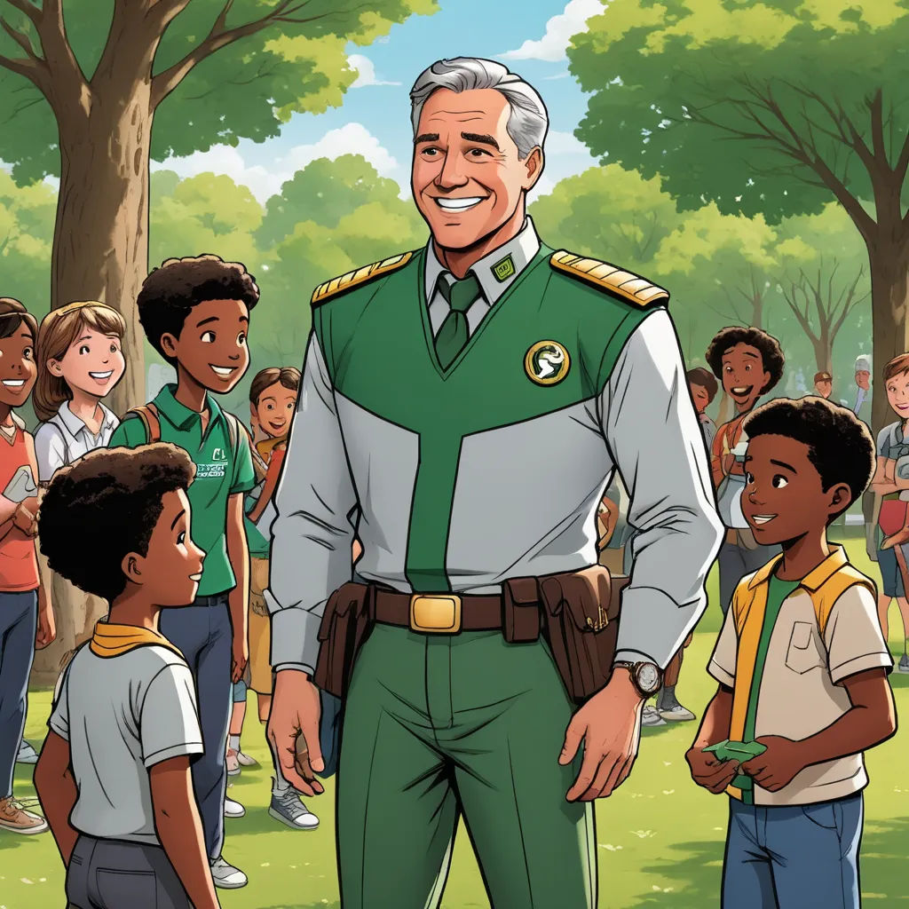 a cartoon of a man in uniform standing in front of a group of children in a park with trees, remodernism, a comic book panel, Dean Roger, official art