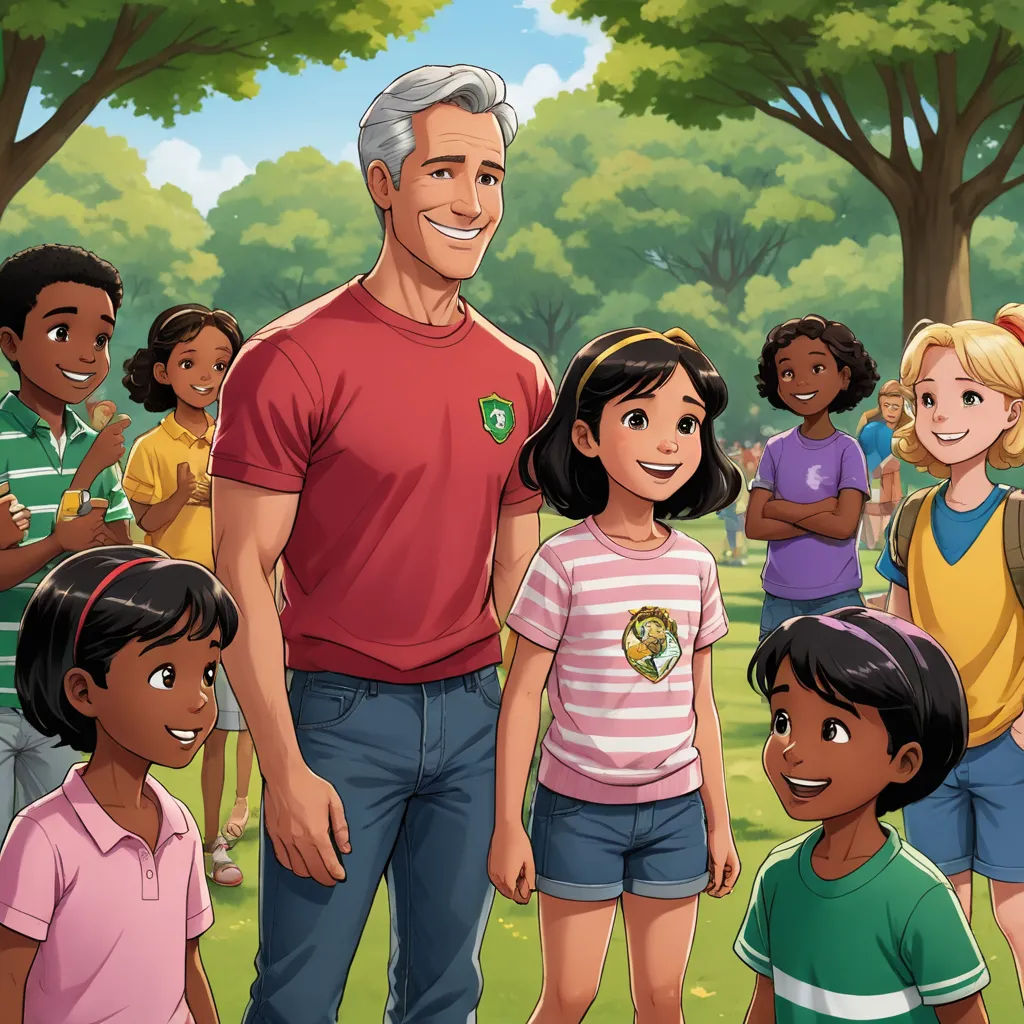 a man standing in front of a group of children in a park with trees and grass behind him and a woman standing in front of them, socialist realism, a storybook illustration, Eddie Mendoza, official art