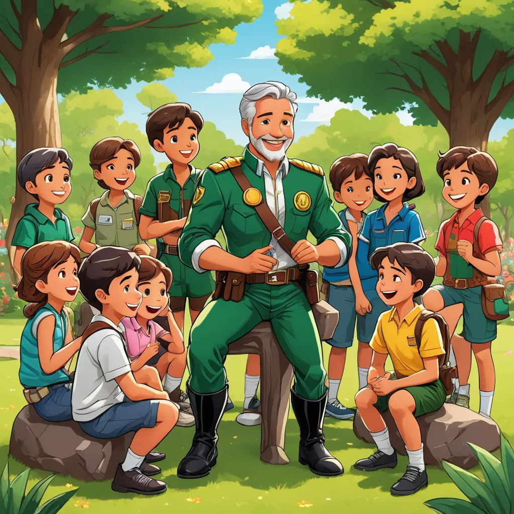 a man in uniform standing in front of a group of children in a park with a man in uniform, sots art, a storybook illustration, Diego Gisbert Llorens, official art