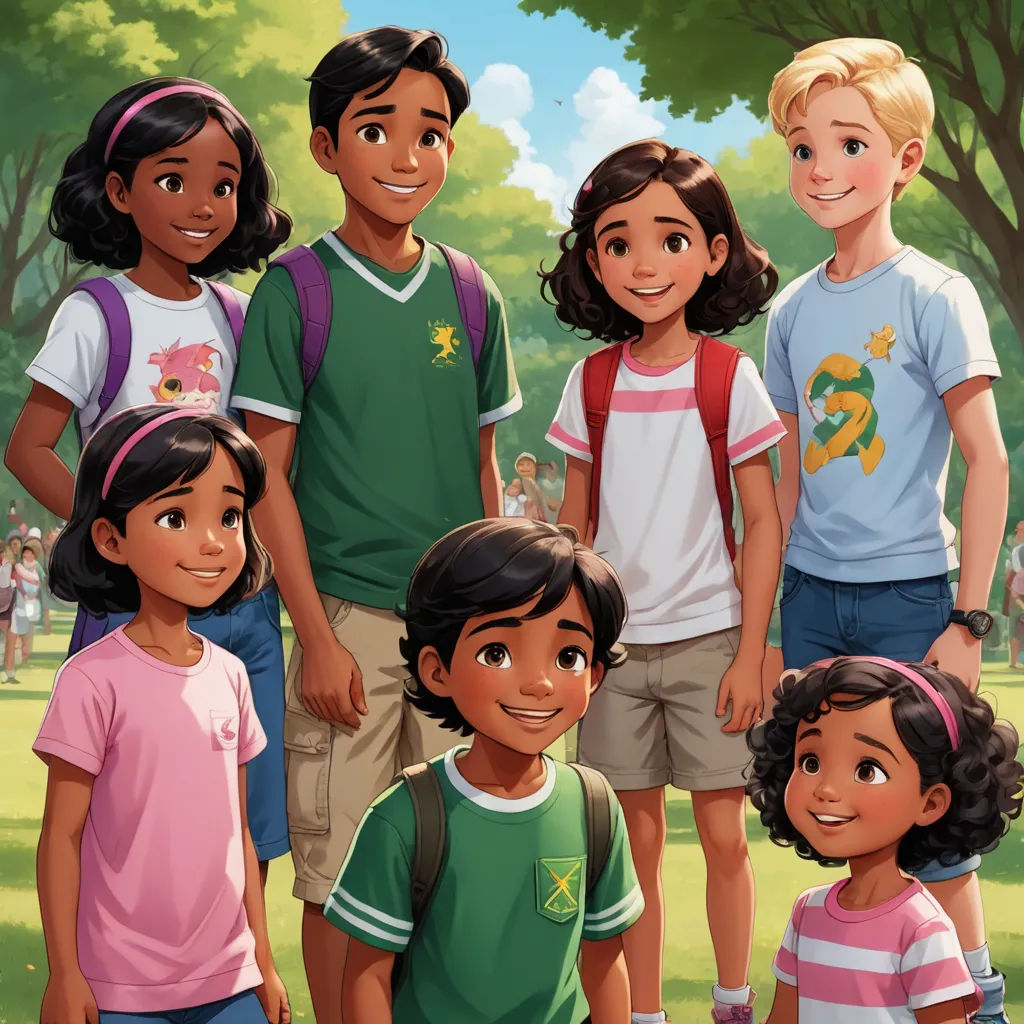 a group of children standing next to each other in a park with trees and grass in the background and a man in the middle, american scene painting, a stock photo, disney, official art