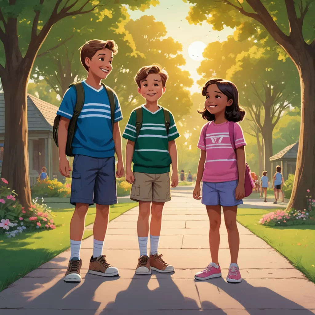 a group of three children standing on a sidewalk in front of a tree lined street with a house in the background, american scene painting, a storybook illustration, F Scott Hess, official art
