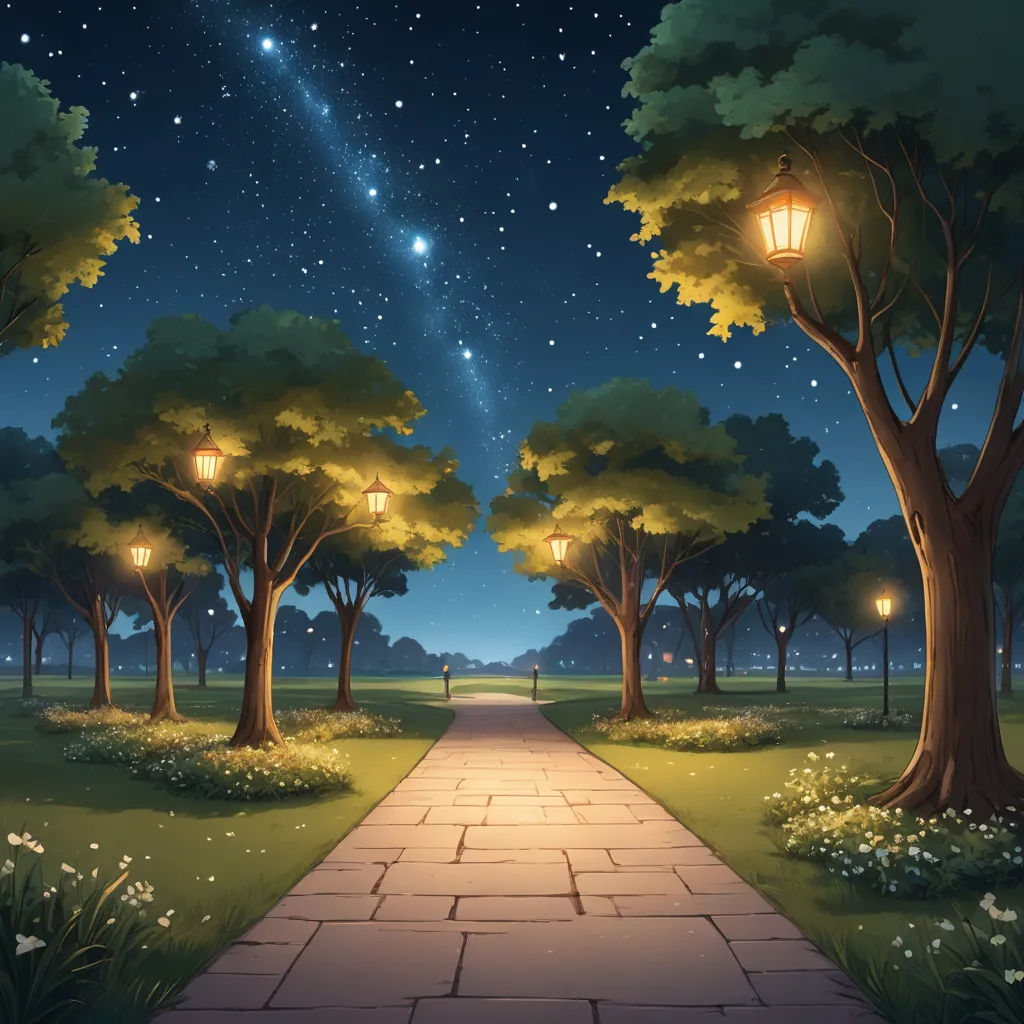 a pathway leading to a park with trees and a light pole in the distance at night time with stars above, magical realism, a detailed matte painting, Dan Mumford, official art
