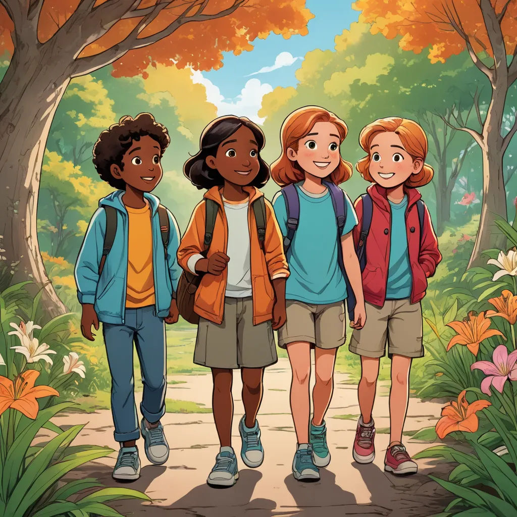 a group of kids standing in a forest with trees and flowers behind them, all looking at the camera, paris school, a storybook illustration, Cliff Childs, promotional image