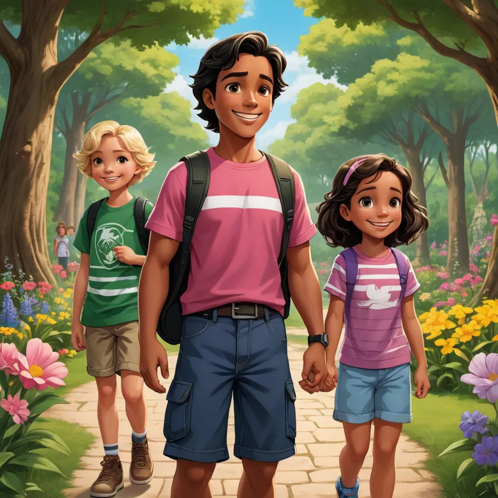 a man and two children walking through a park with flowers and trees in the background, and a path leading to a park with flowers and trees, magical realism, a storybook illustration, disney, kinkade