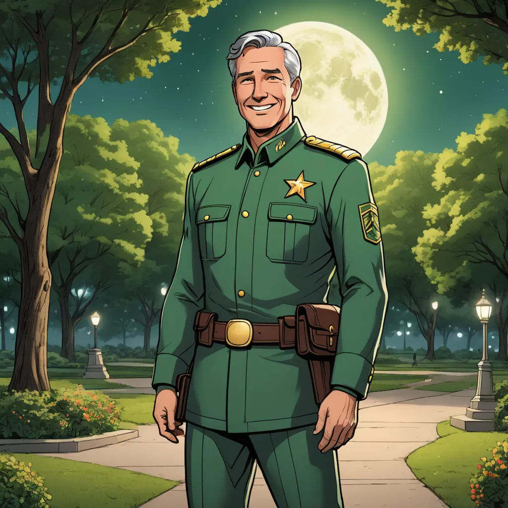 a cartoon of a man in a military uniform standing in a park at night with a full moon in the background, american realism, a character portrait, Dean Roger, official art