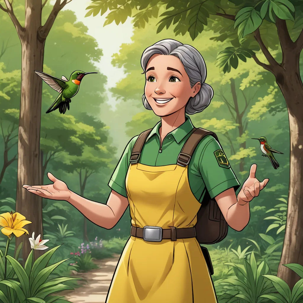 a woman in a yellow dress is standing in the woods with a bird flying by her and a bird flying by her, environmental art, a character portrait, Eileen Aldridge, character portrait