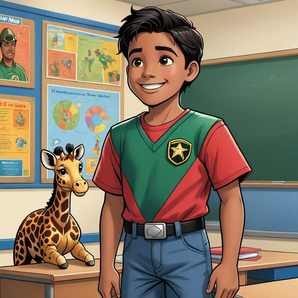 a boy in a classroom with a giraffe toy in front of him and a poster of a soldier, quito school, a character portrait, Americo Makk, official art