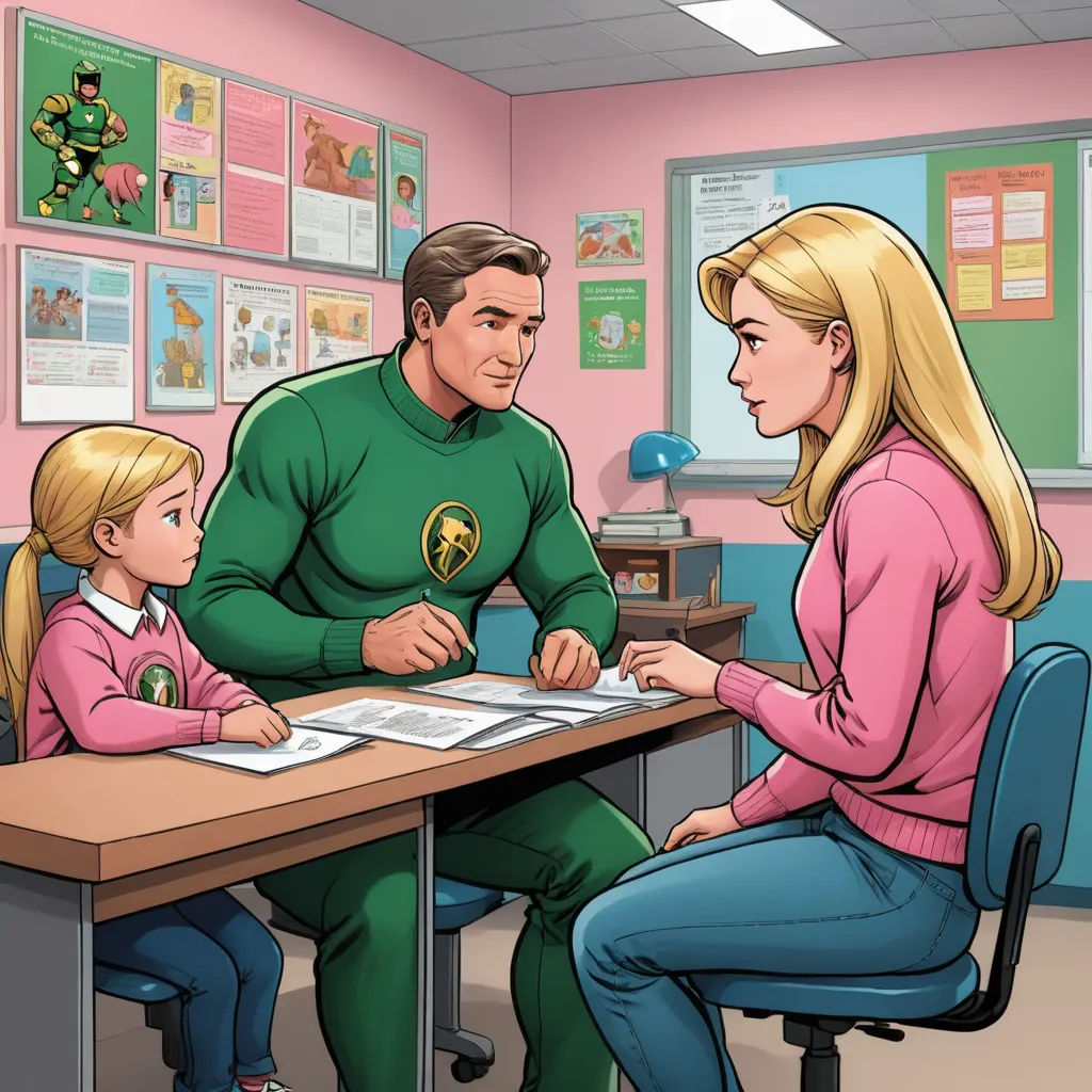 a cartoon of a woman and a man sitting at a desk with a child in front of them and a man in a green uniform, vancouver school, a comic book panel, Everett Warner, promotional image