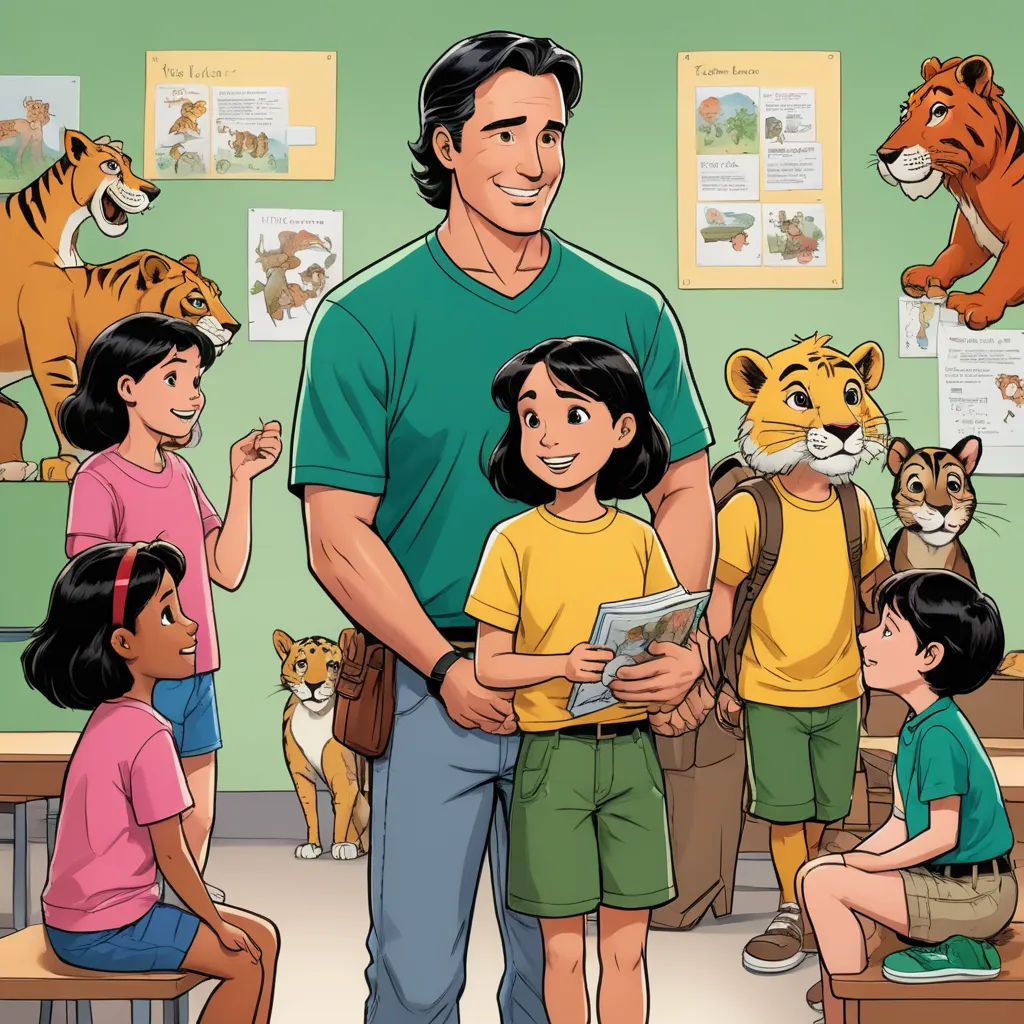 a man standing in front of a group of children in a classroom with tigers on the wall behind him, furry art, a comic book panel, Cliff Childs, comic cover art