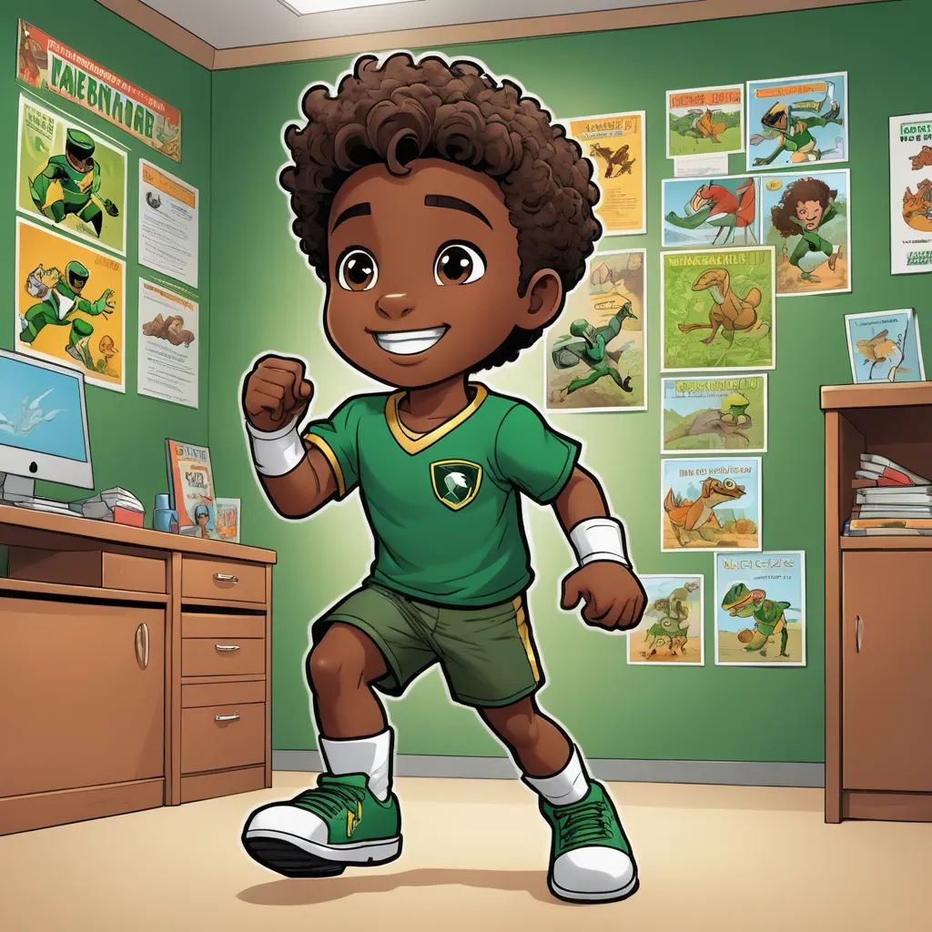 a cartoon boy in a green shirt and green shorts playing soccer in a room with green walls and posters, lyco art, a character portrait, Adam Rex, character sheet