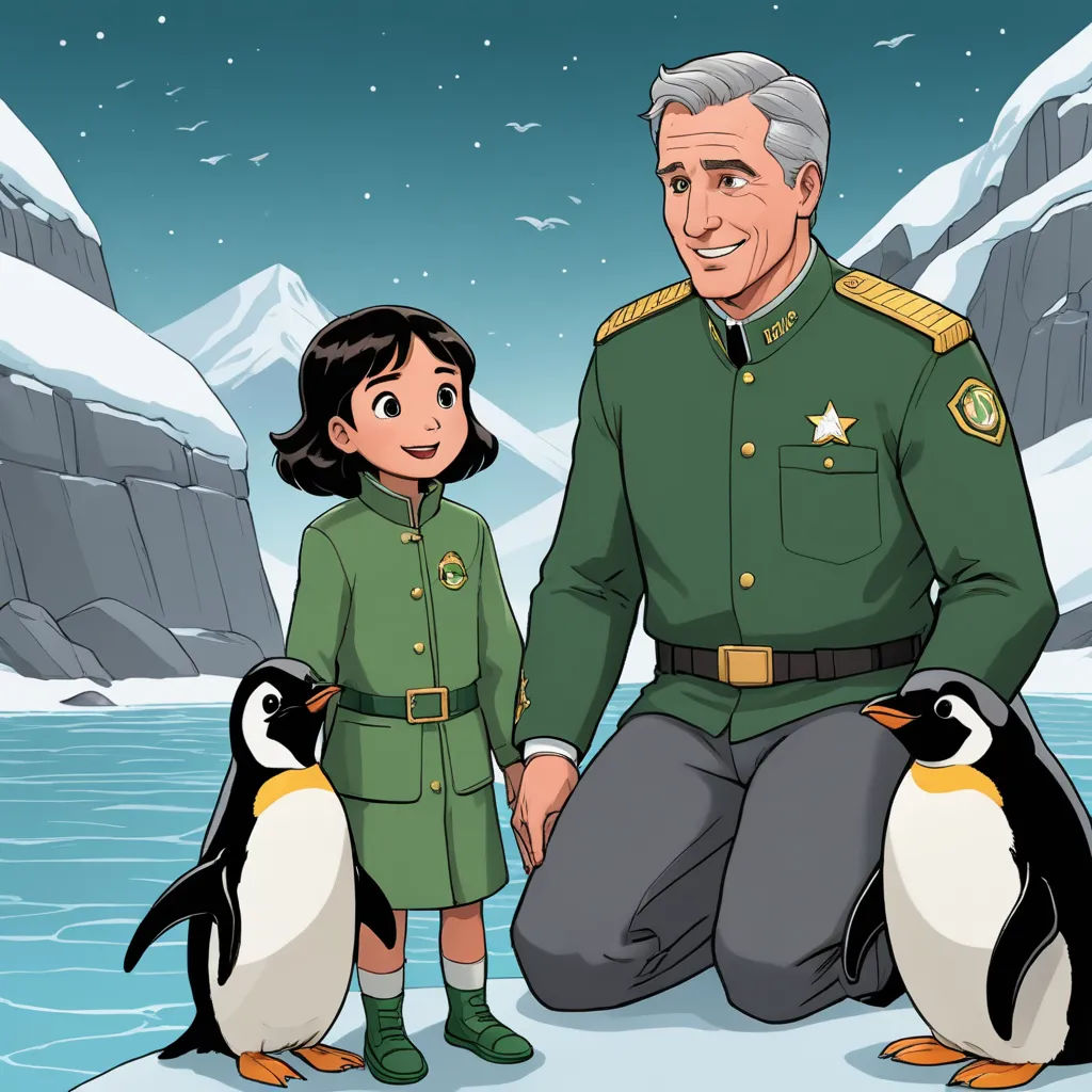 a man in uniform standing next to a little girl and a penguin on a snowy surface with mountains in the background, furry art, a storybook illustration, Cliff Childs, promotional image