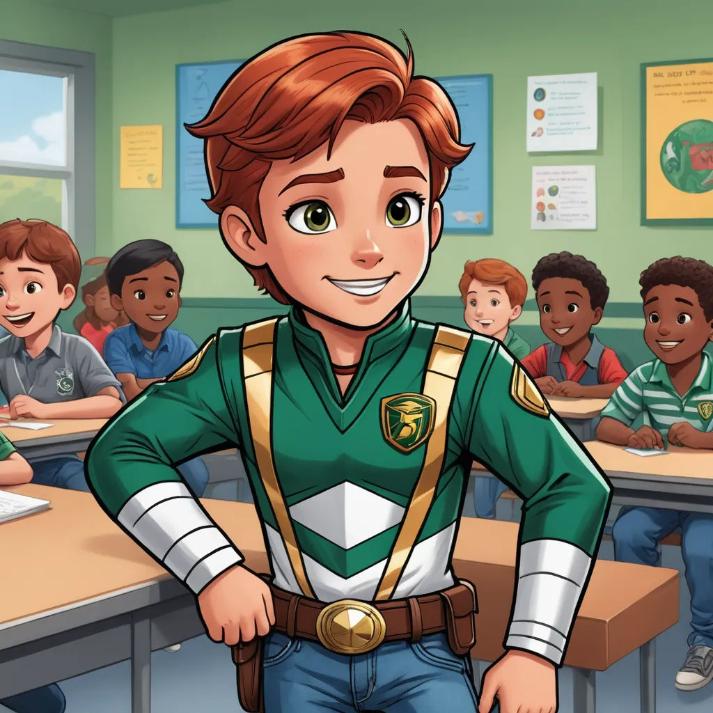 a cartoon boy in a green uniform standing in front of a classroom full of children in the background,, vancouver school, concept art, Adam Rex, official art