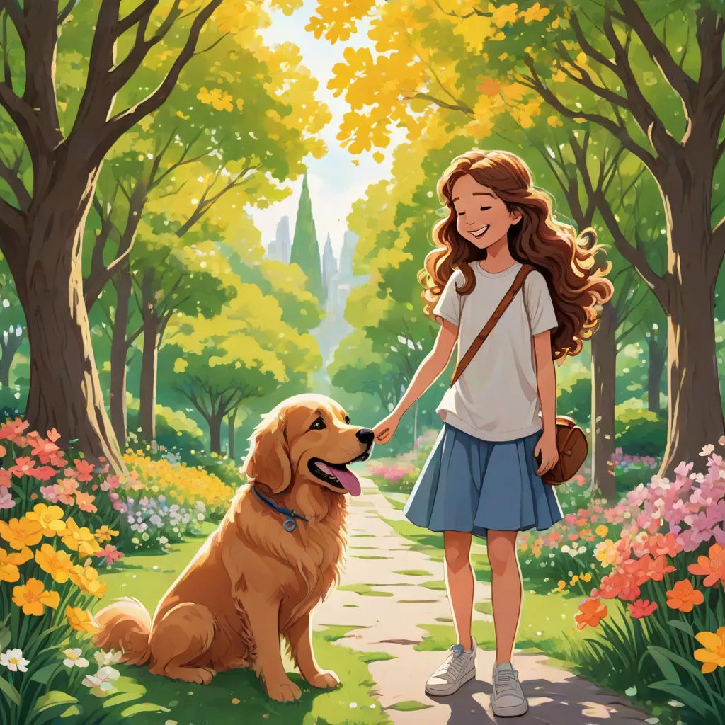 a girl is walking her dog through a park with flowers and trees on both sides of the path, and a dog is looking at her, official art, american scene painting, a storybook illustration, disney