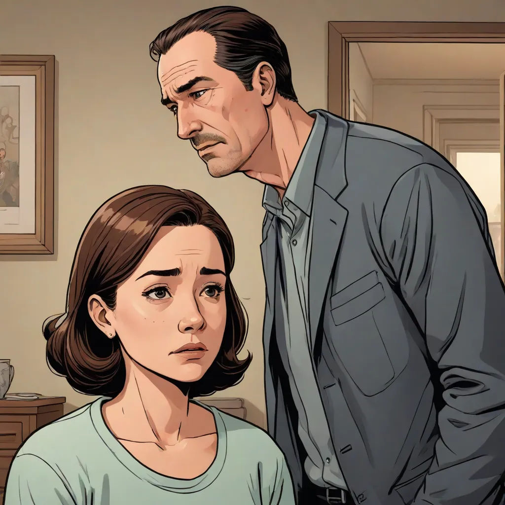 a man and a woman standing in a room with a painting on the wall behind them and a picture of a man and a woman on the wall, graphic novel, american realism, a comic book panel, Alton Tobey