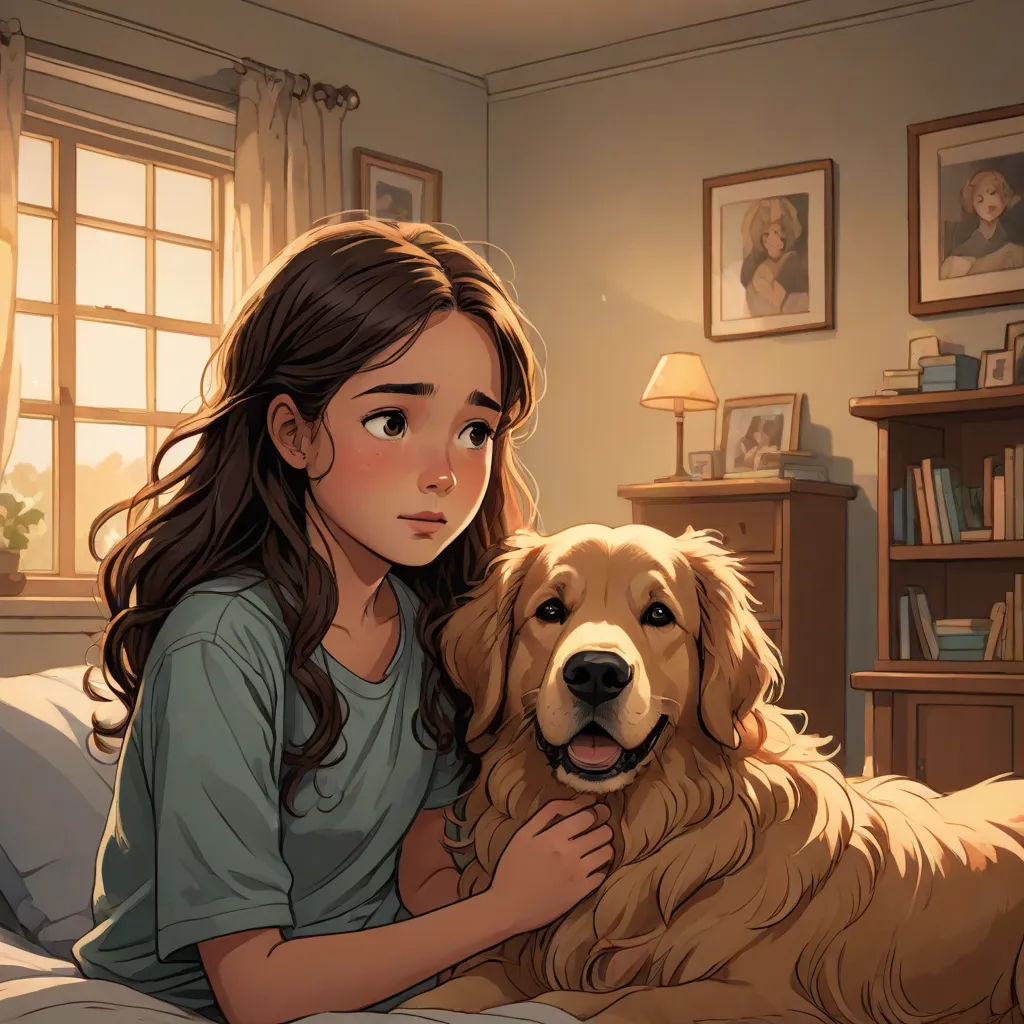 a girl sitting on a bed with a dog in her lap and a picture of a dog on the wall, kinkade, furry art, a comic book panel, Artgerm