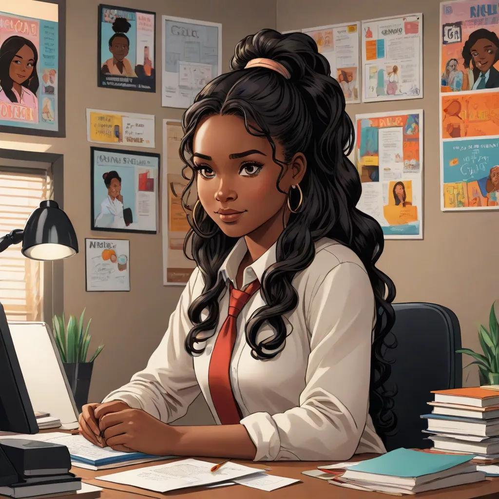 a woman sitting at a desk with a computer and books on it, in front of a wall with posters, game art, computer art, concept art, Alexis Simon Belle