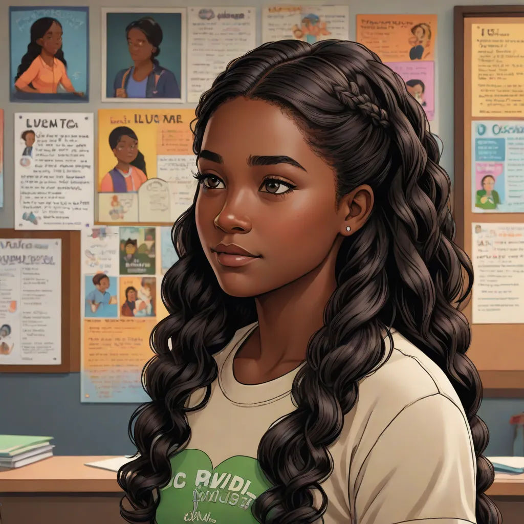 a girl with long hair and a t - shirt on in a classroom with posters on the wall behind her, kinkade, sots art, a character portrait, Constance Gordon-Cumming