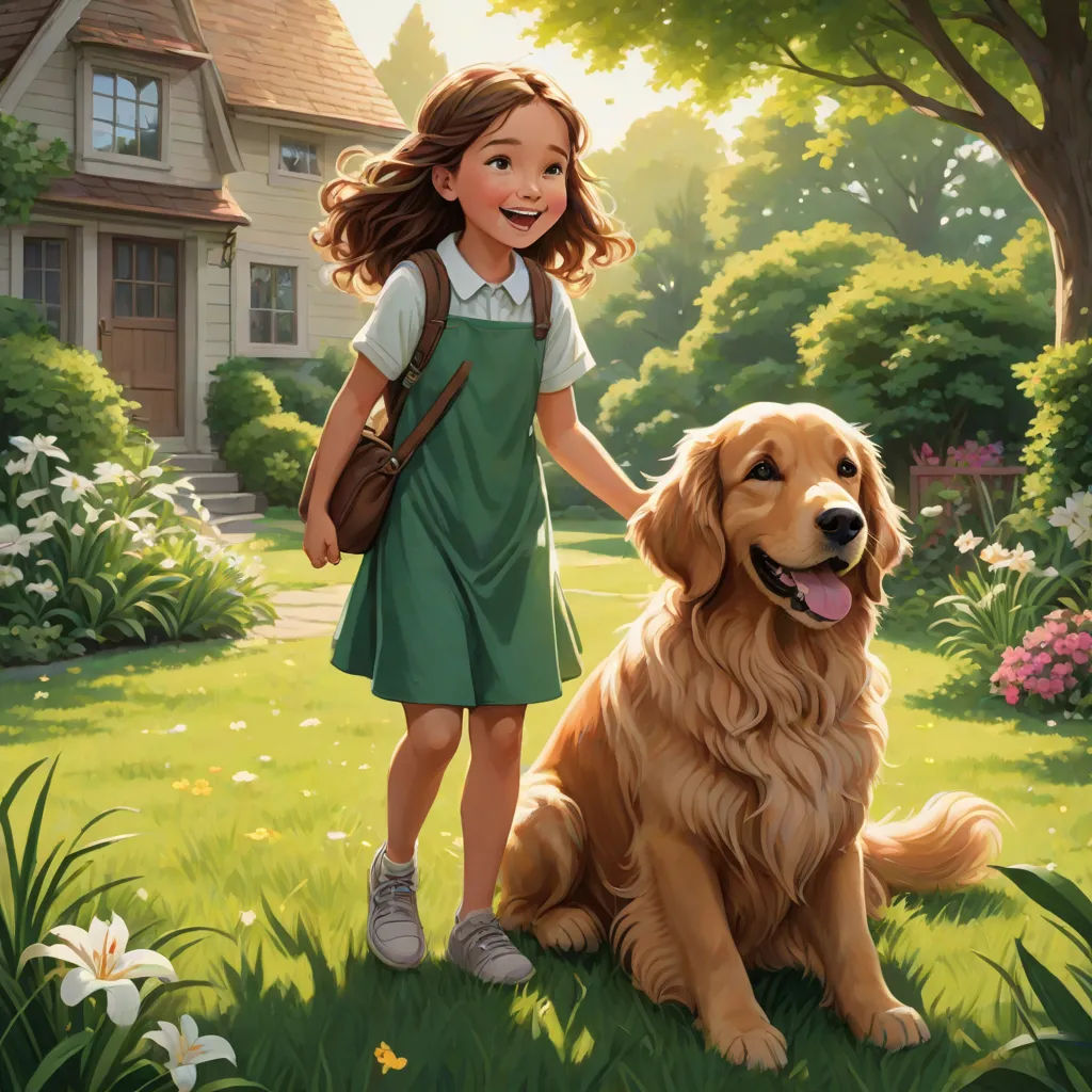 a girl and a dog in a field of grass and flowers with a house in the background and a tree, official art, american scene painting, a storybook illustration, Bob Byerley