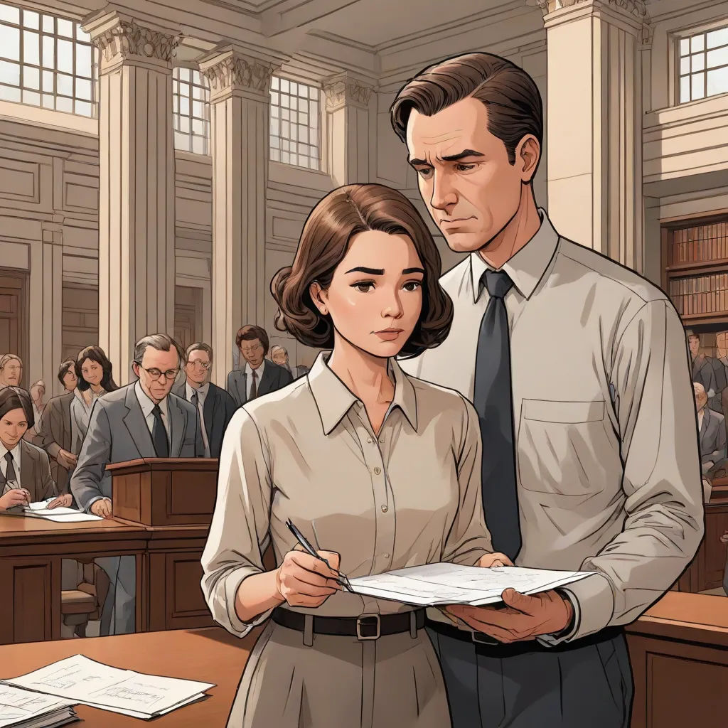 a man and woman standing in a courtroom with papers in front of them and a man in a suit and tie, graphic novel, academic art, a comic book panel, Alton Tobey