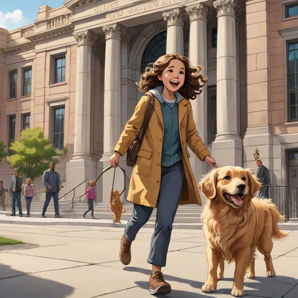 a girl walking a dog in front of a building with columns and columns on it's side and a man walking a dog on a leash, official art, american scene painting, a comic book panel, Bob Byerley
