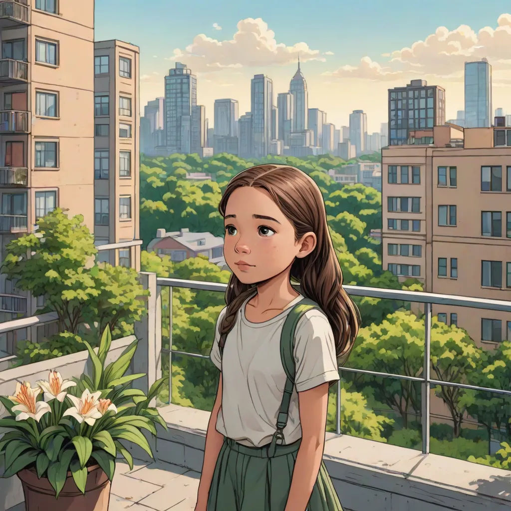 a girl standing on a balcony with a city in the background and a potted plant in the foreground, city background, photorealism, a comic book panel, Atey Ghailan