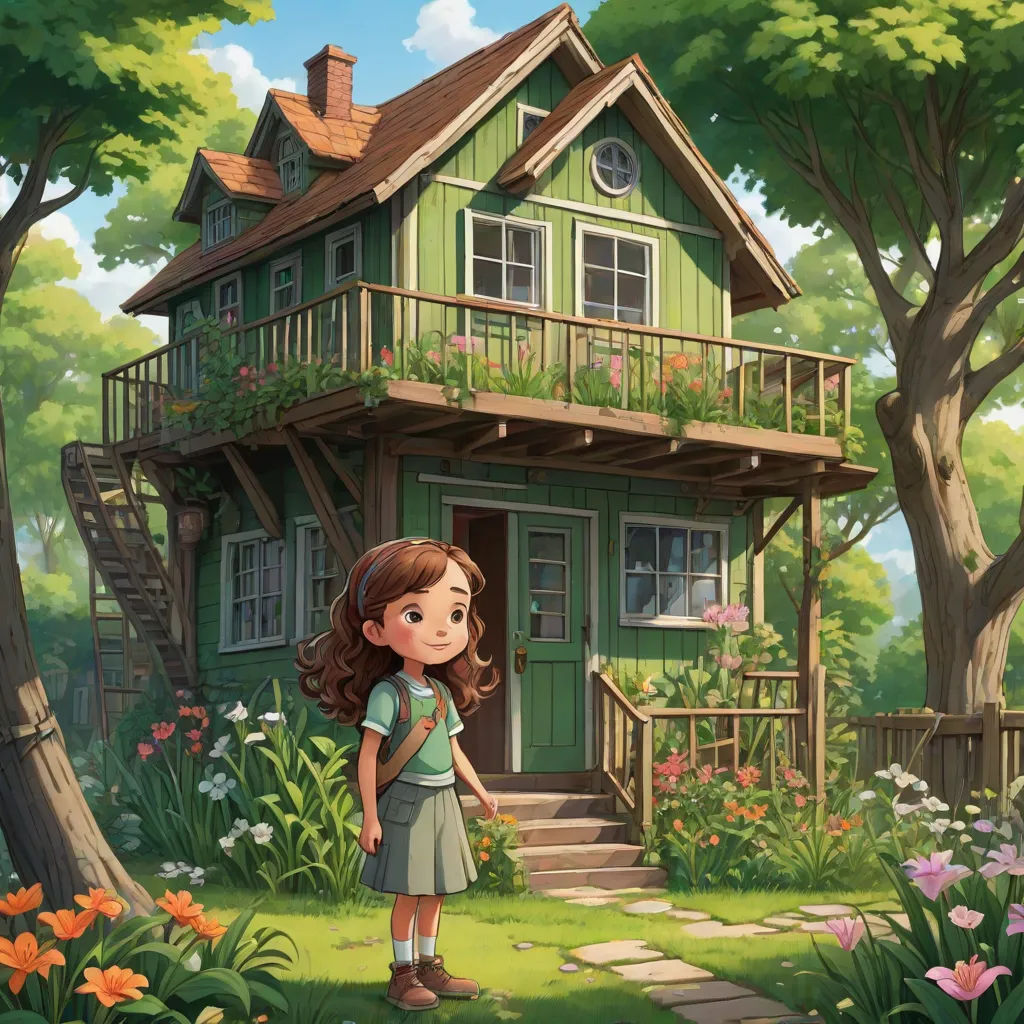 a girl standing in front of a green house with a porch and a balcony on the second floor and a tree, kinkade, magic realism, a storybook illustration, Chris LaBrooy