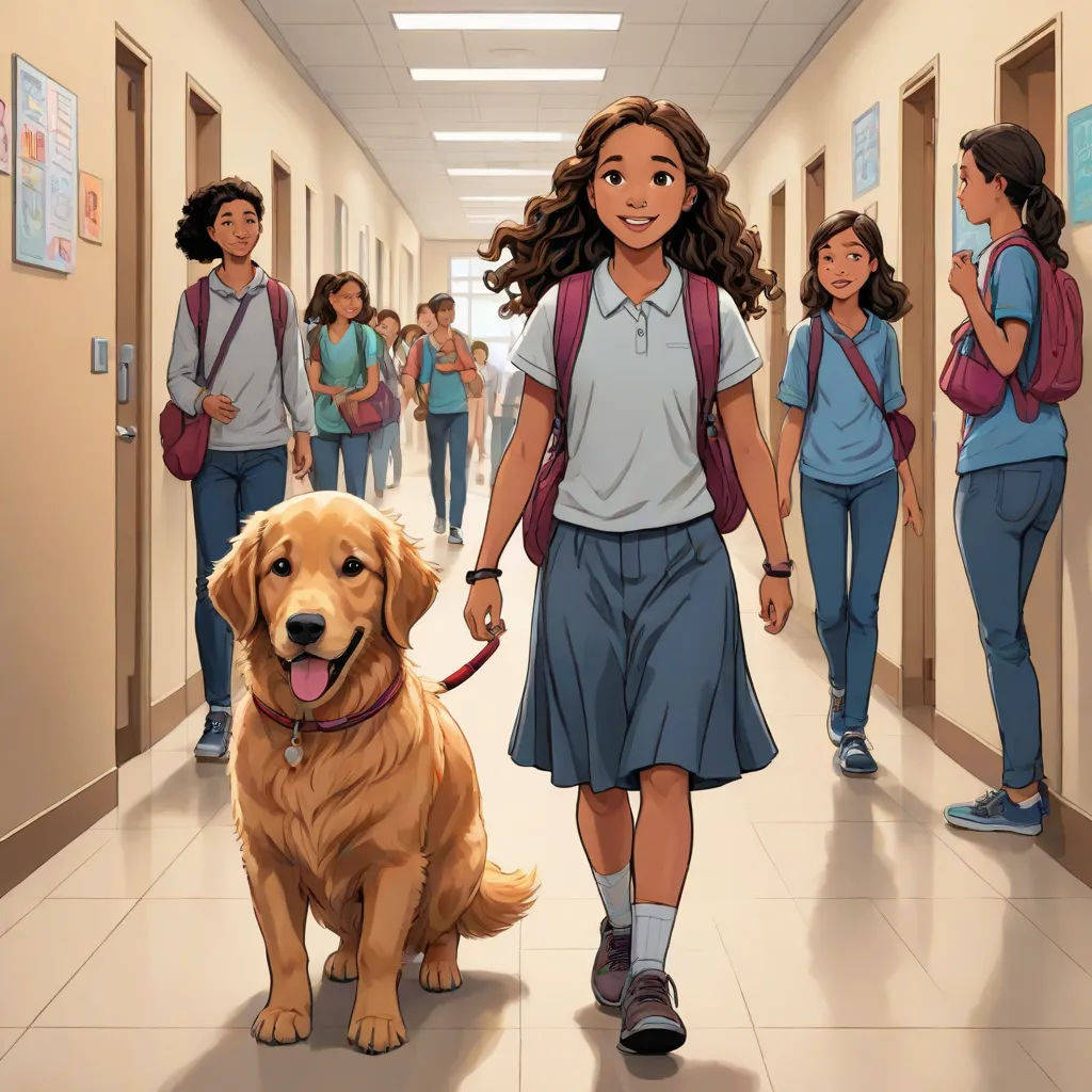 a girl walking a dog down a hallway with other girls in the background and a dog on a leash, official art, quito school, a comic book panel, Drew Struzan
