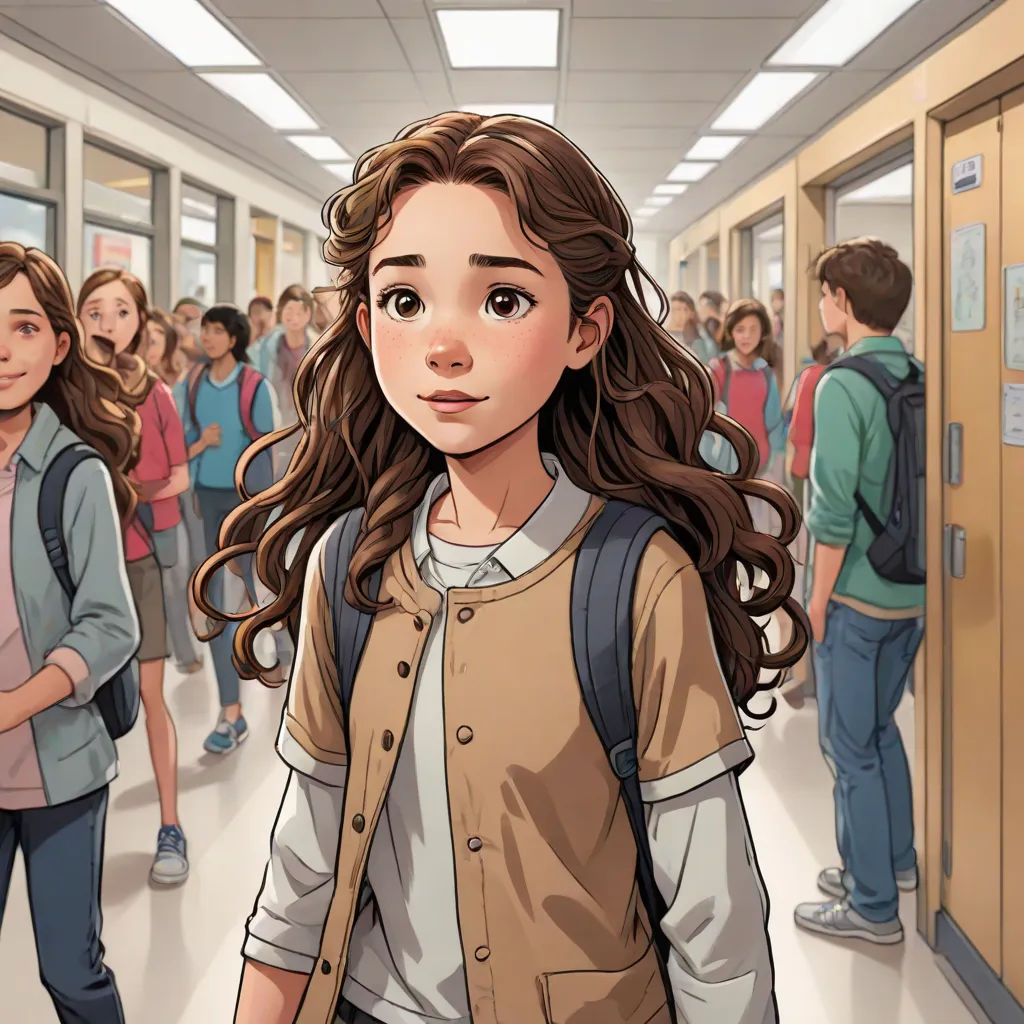 a girl with long hair and a backpack is walking down a hallway with other people in the background and a cartoon of a girl with long hair and a backpack, official art, paris school, a comic book panel, David Park