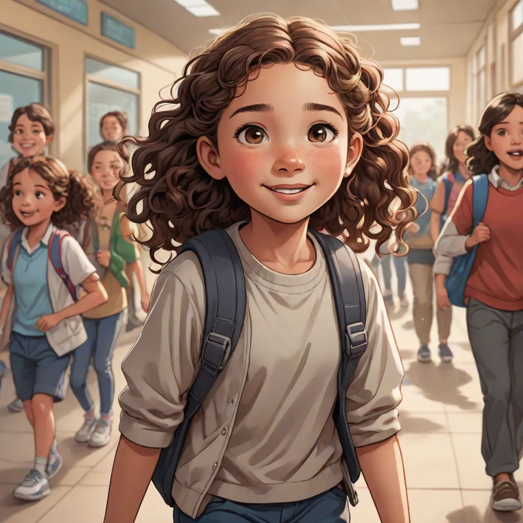 a cartoon of a girl with curly hair and a backpack in a school hallway with other children in the background, official art, paris school, a comic book panel, Alejandro Burdisio